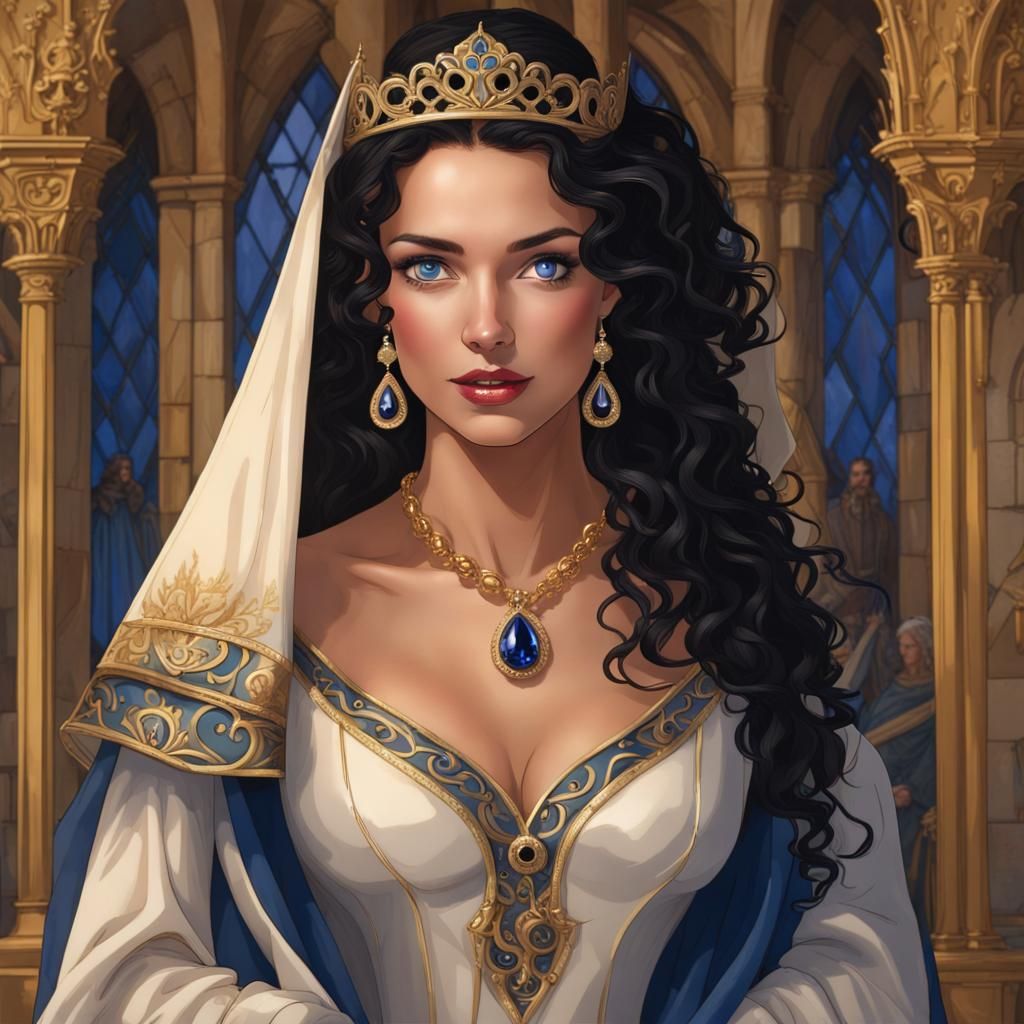 Woman in Medieval Gown with Sapphire Jewelry