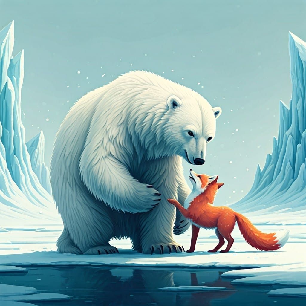 Polar Bear and Fox in Whimsical Dreamlike Illustration