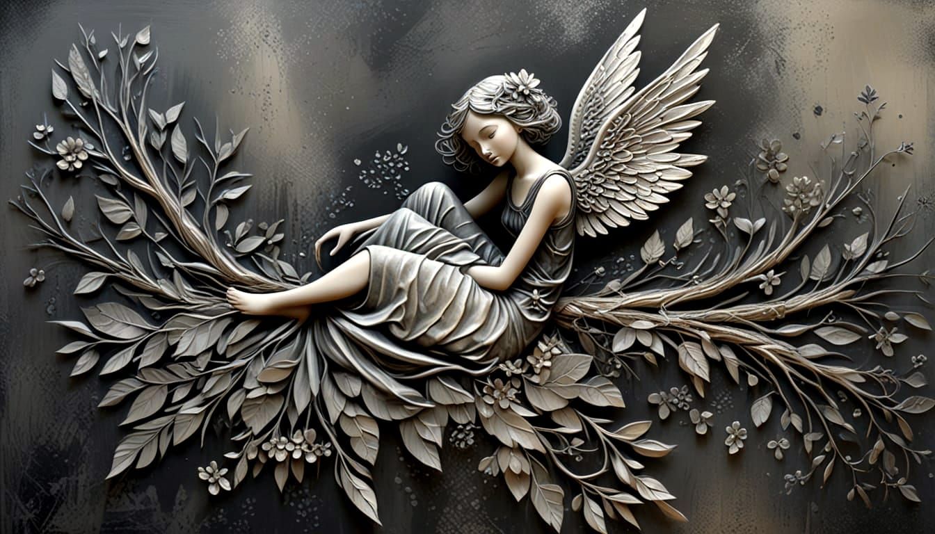 Fallen Angel with Branch Wings in Naive Art