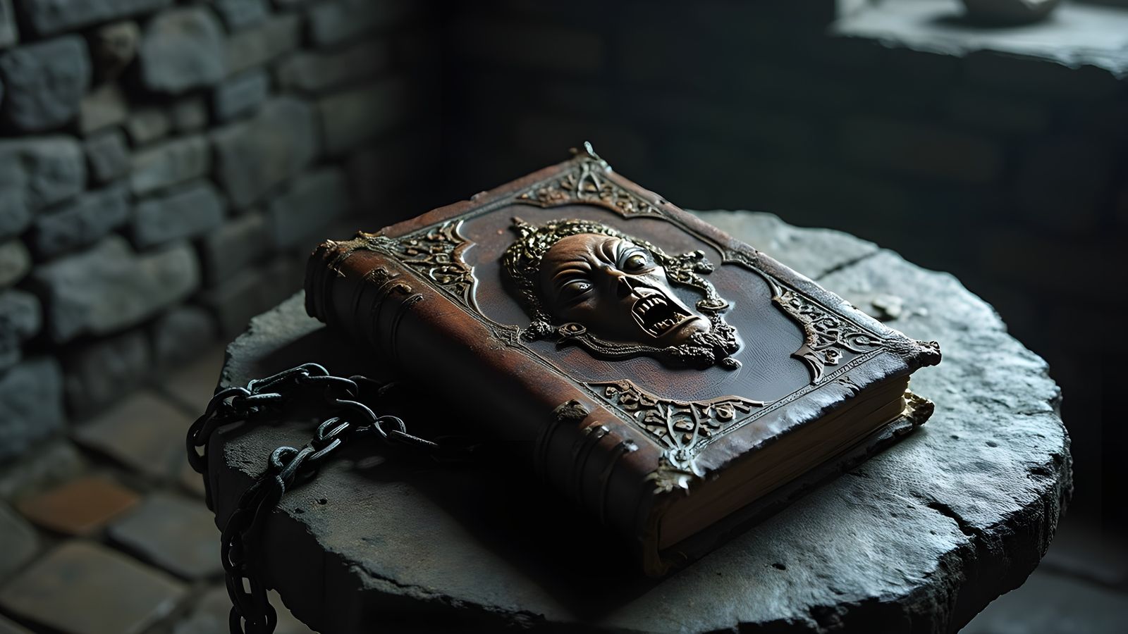 Ancient Grimoire in a Dark Dungeon