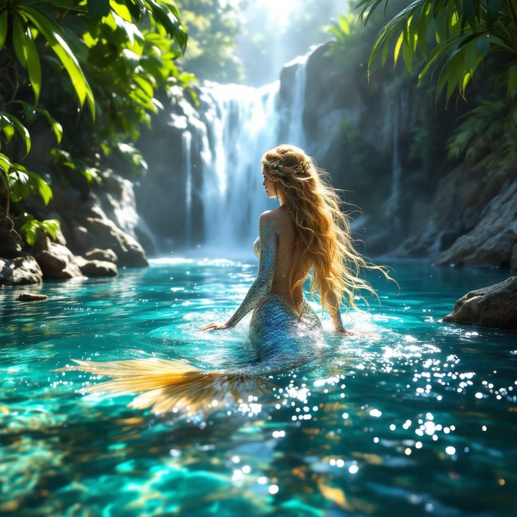 Majestic Mermaid Rises from Crystal Clear Waters in a Tropic...