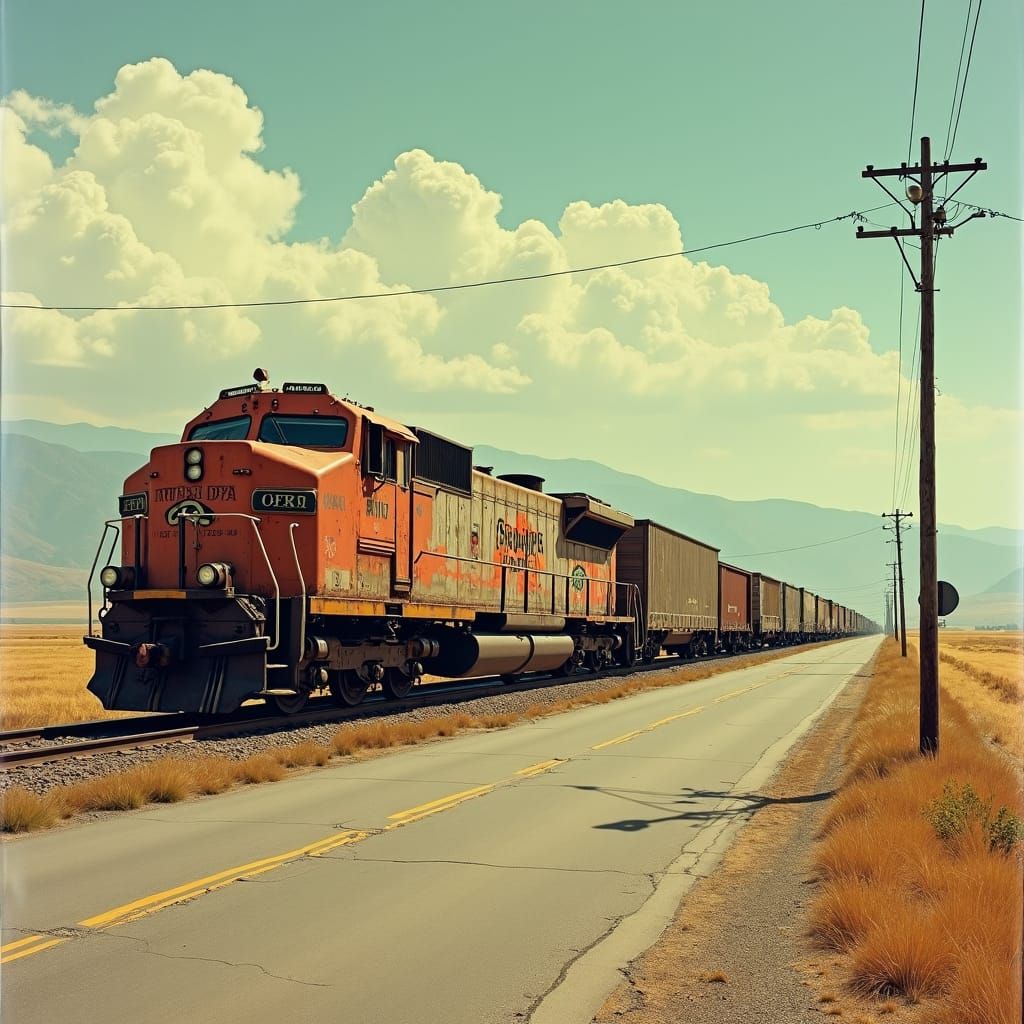 1970s Freight Train Crossing Rural Intersection