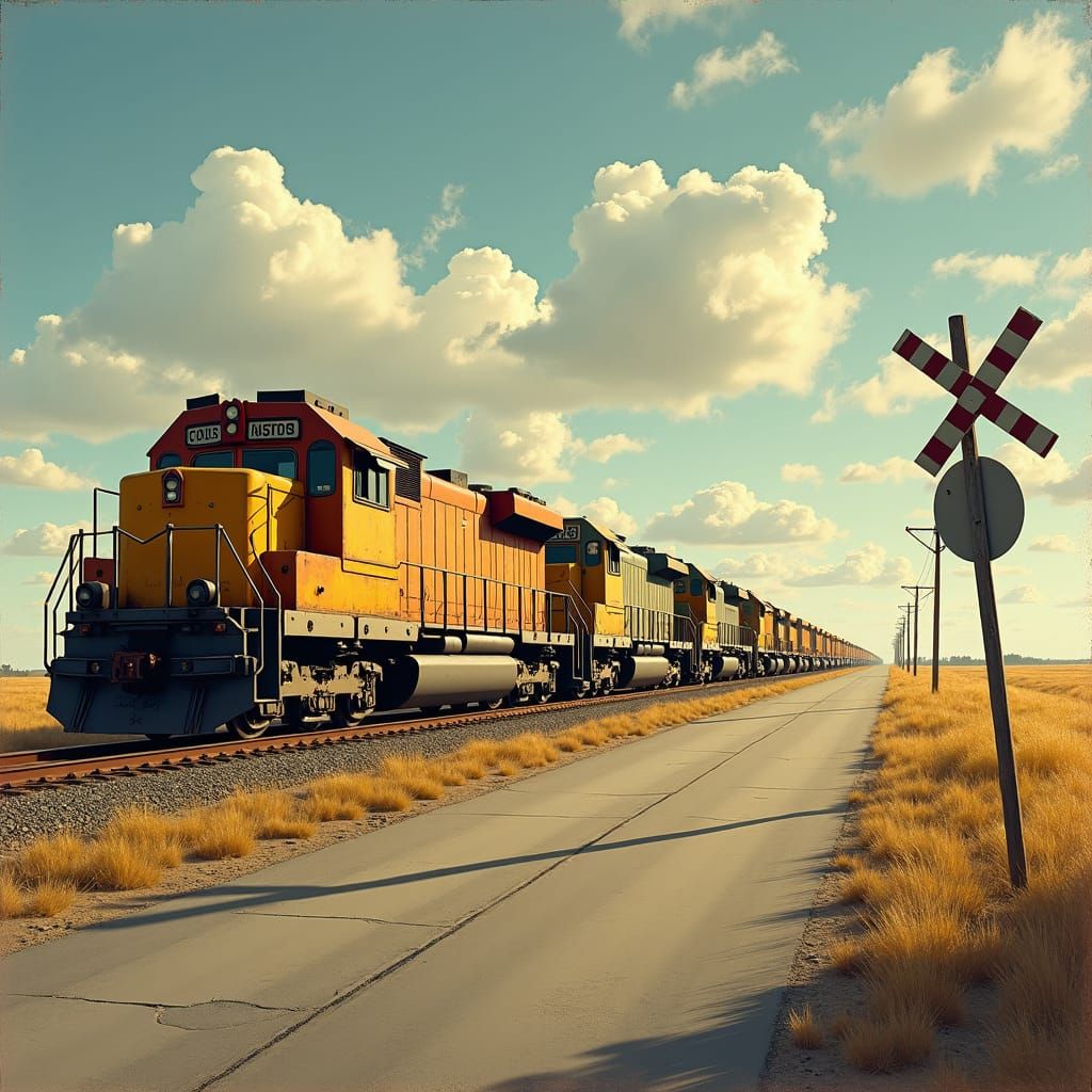 1970s Freight Train Crossing Rural Landscape