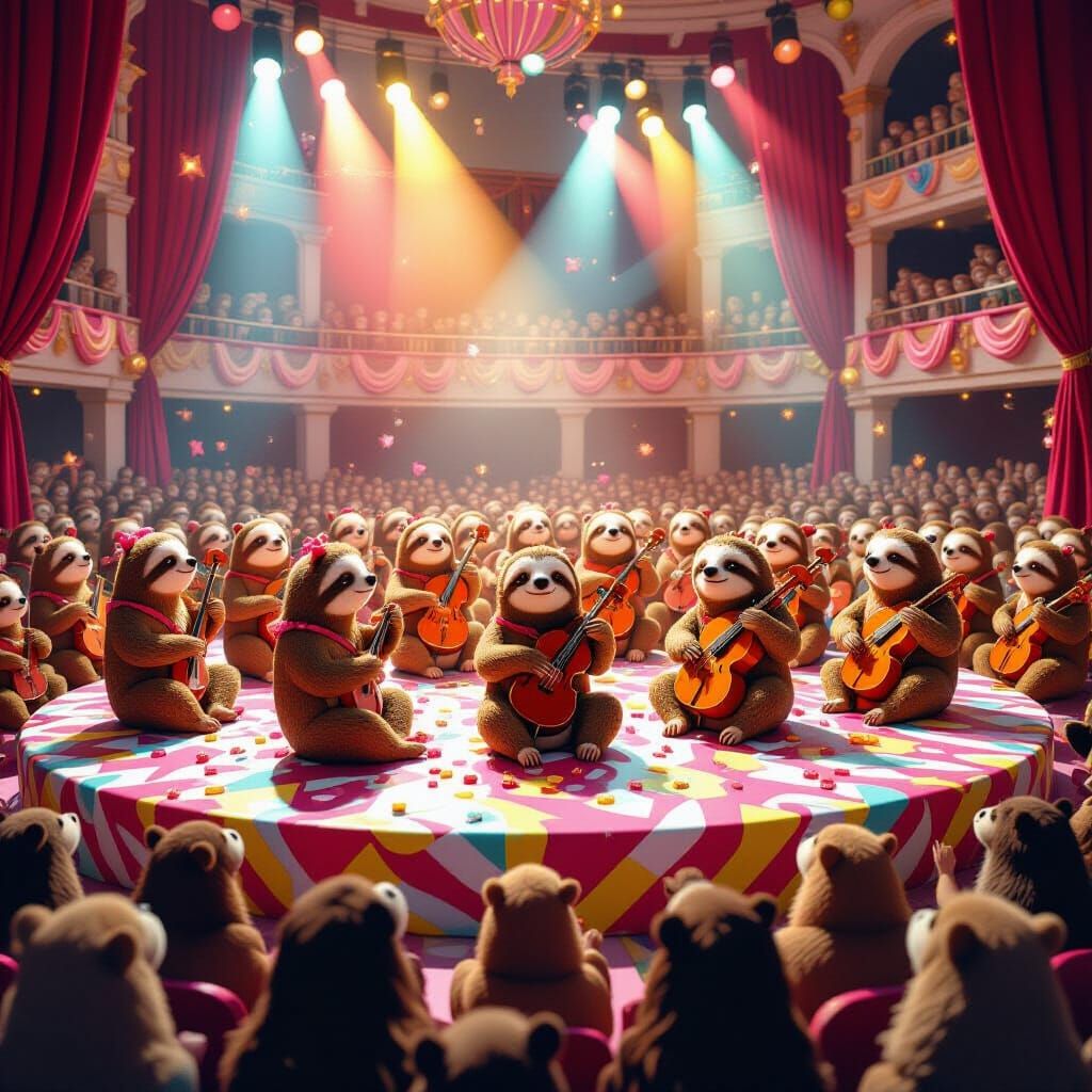 Whimsical Sloth Orchestra in Candy Art Style