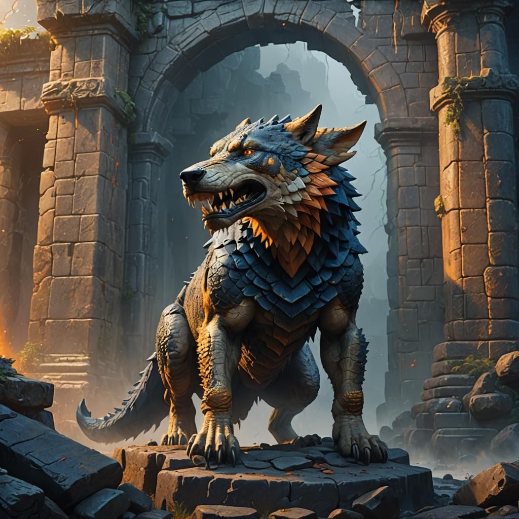 Wolf Crocodile Hybrid Roaring in Ancient Ruins