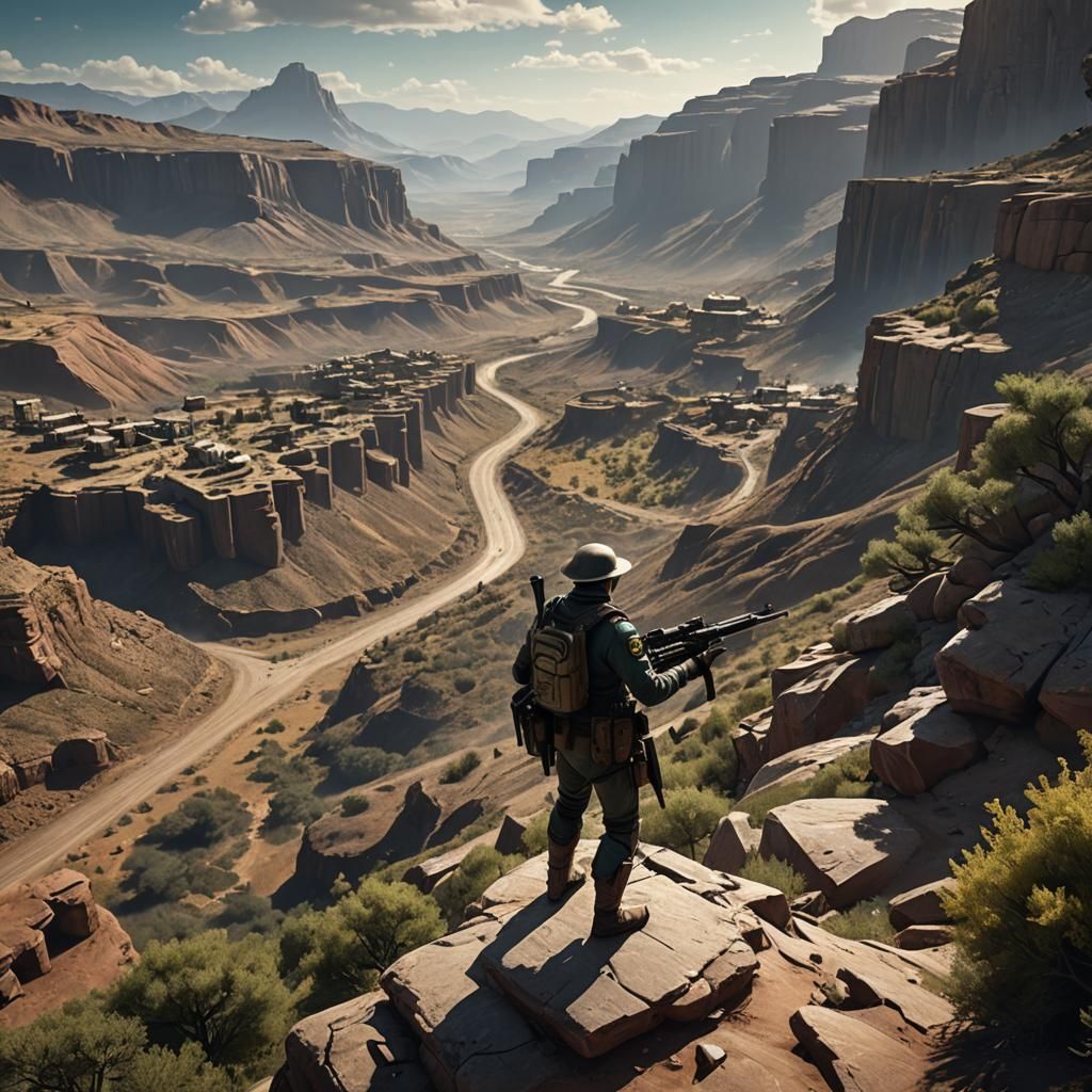 NCR Ranger Watching Legion Caravan: Fantasy Concept Art