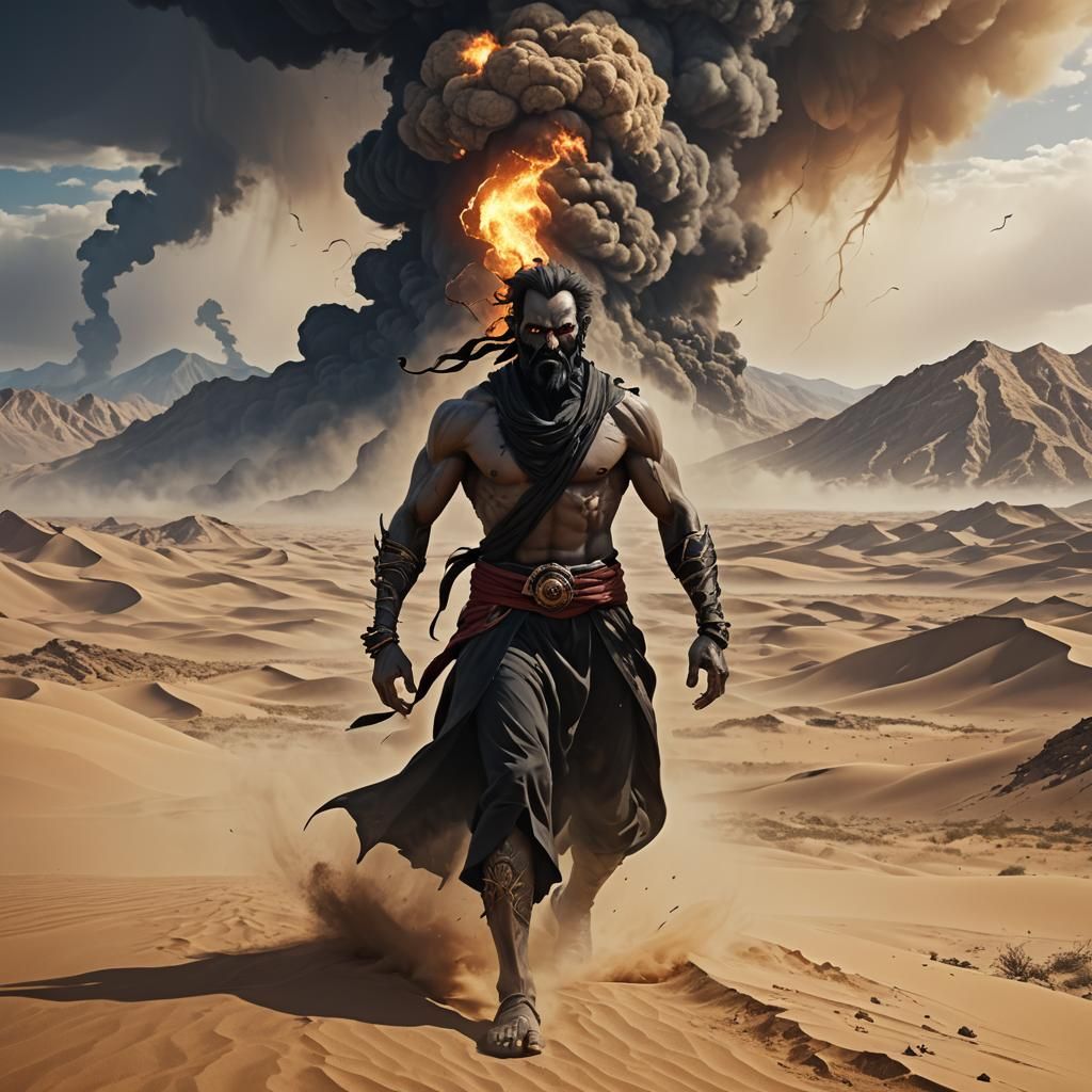 Fiery Desert Genie Emerges in Sandy Tornado