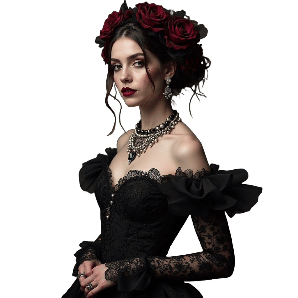 Elaborate Gothic Gown with Lace and Blood-Red Roses