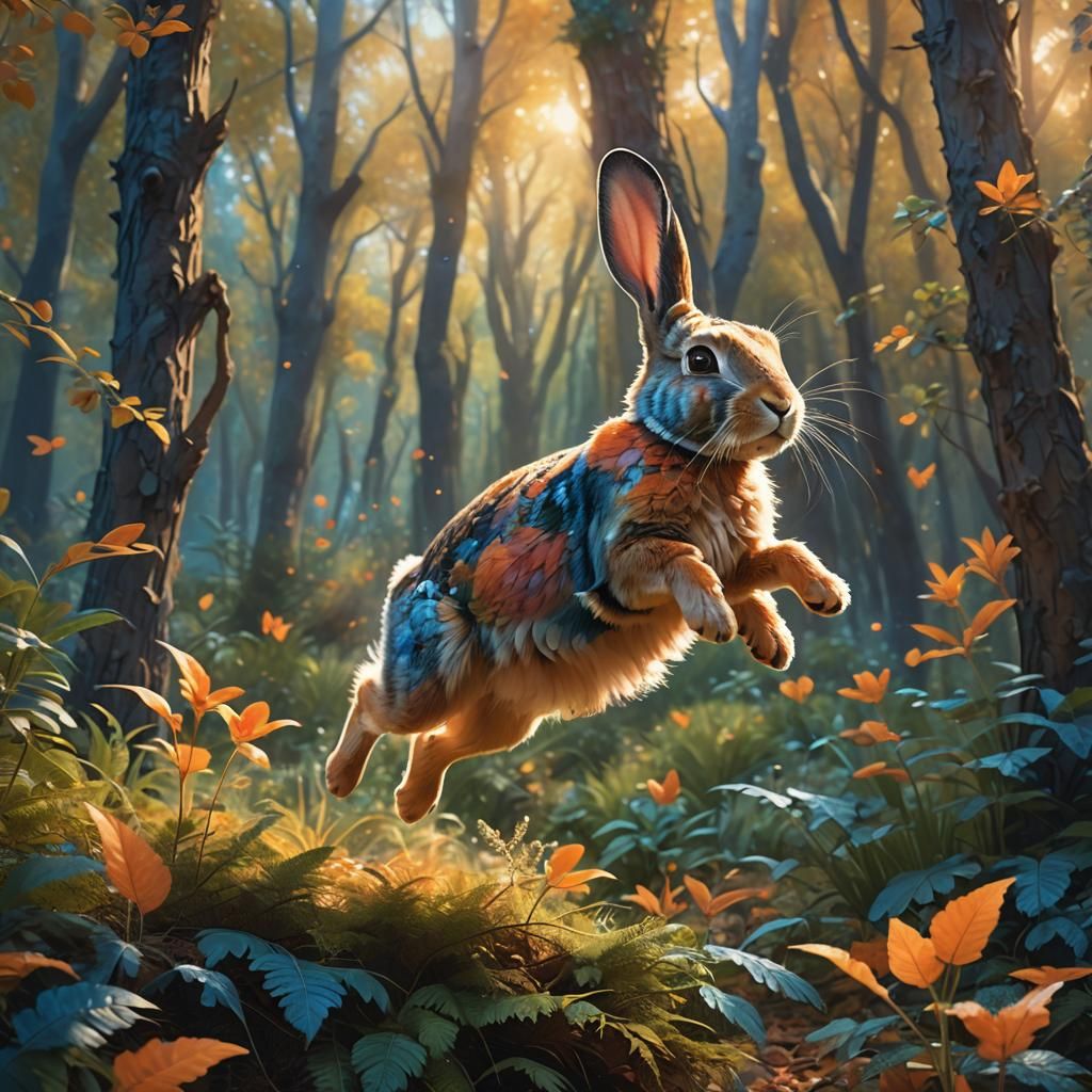 Rabbit Jumping Through Whimsical Forest: Digital Matte Paint...