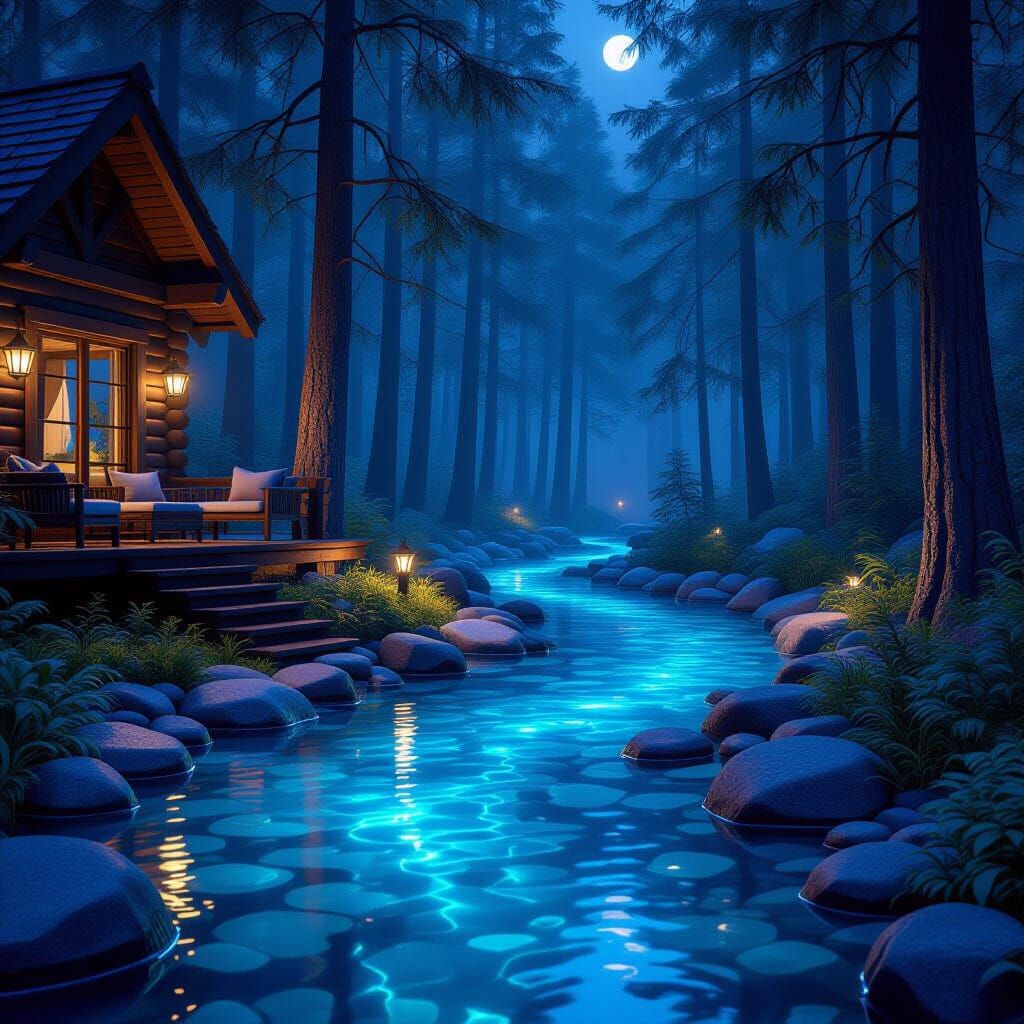 Enchanting Night Forest with River and Cabin in Unreal Engin...