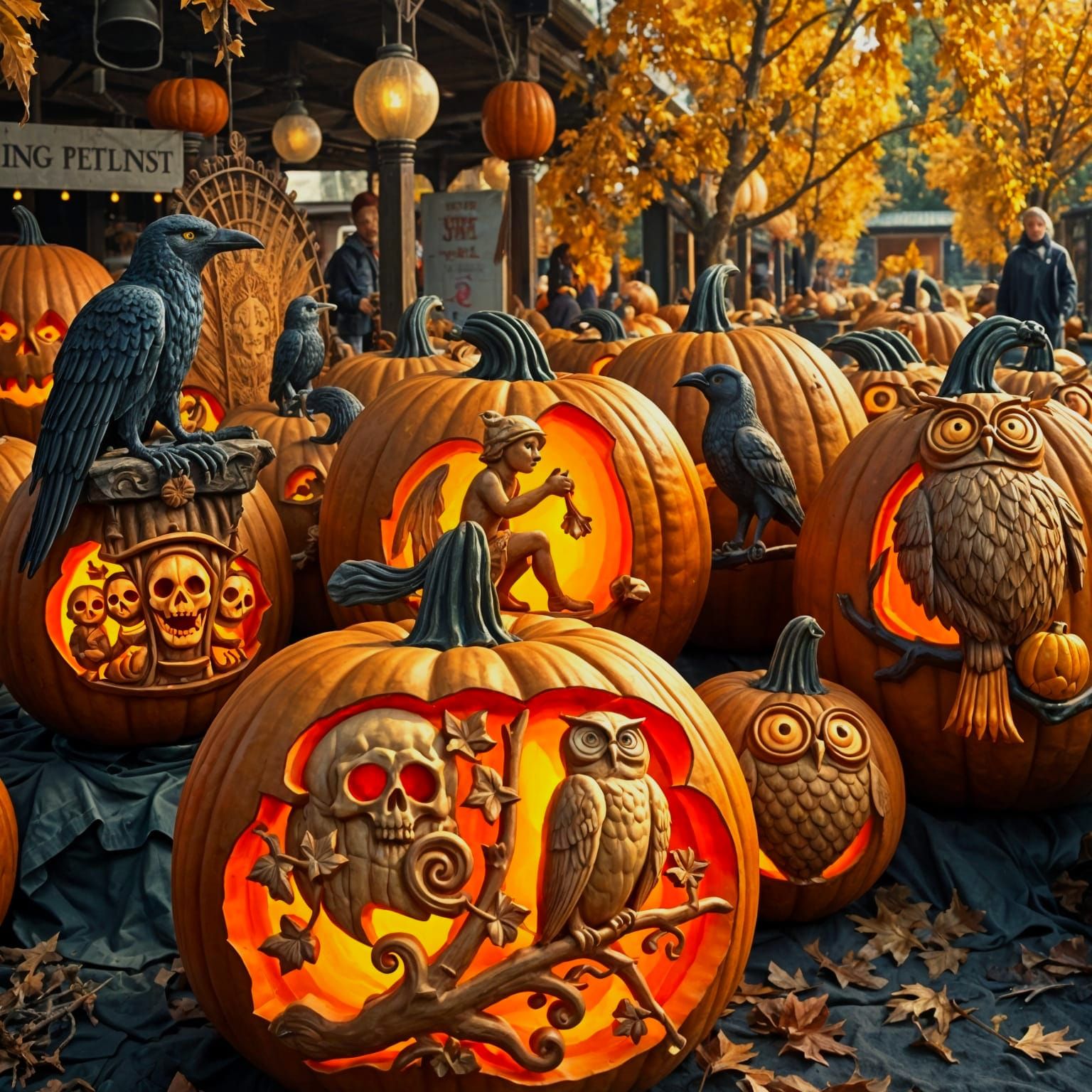 Intricately Carved Pumpkins at Autumn Farmers Market