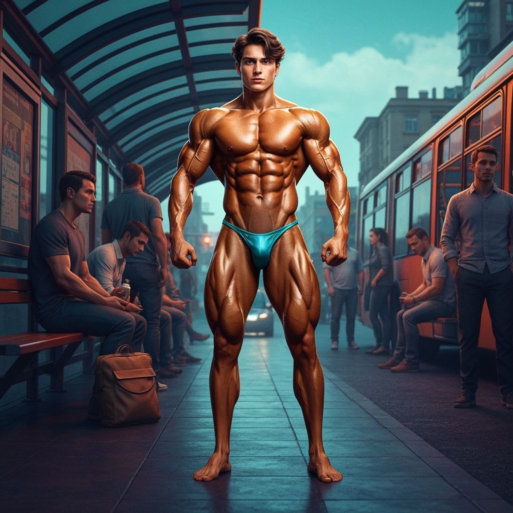 Bodybuilder in Silk Suit at Bus Stop: Digital Art