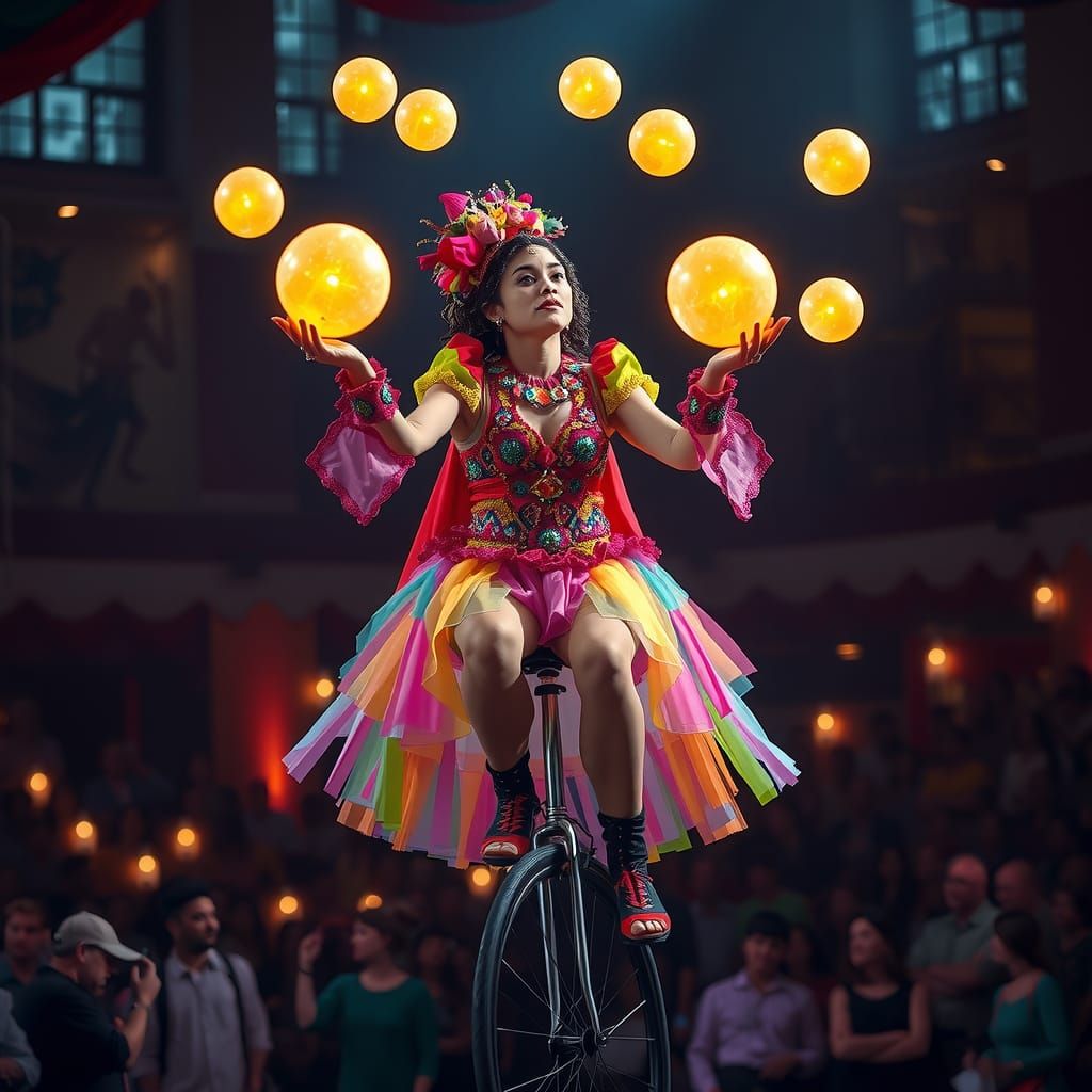 Colorful Juggler on Unicycle in Oil Painting