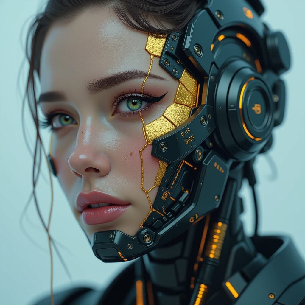 Cyborg Face Repaired with Gold Kintsugi in Hyperrealism