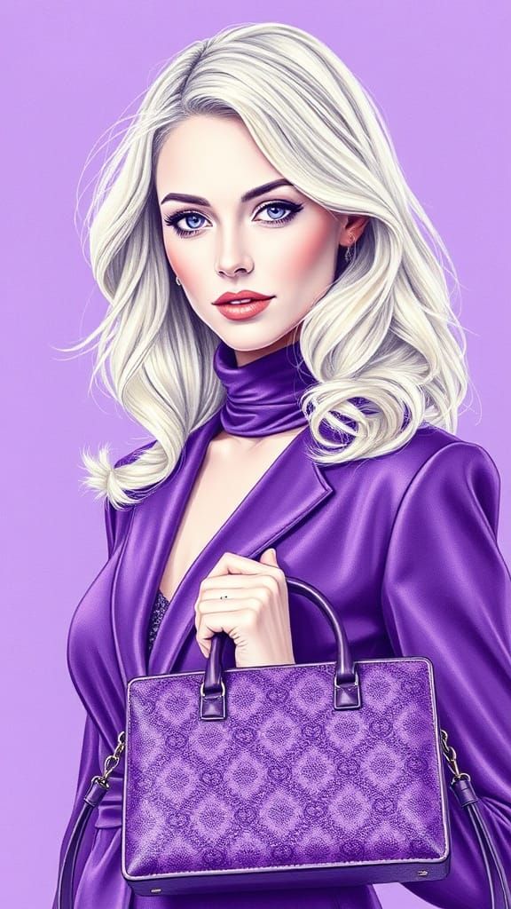 Elegant Woman with Purple Purse in Pencil Drawing Style