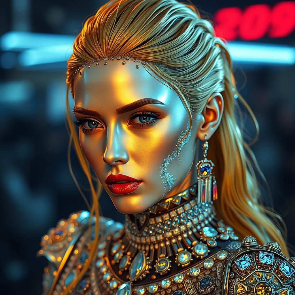 Golden Goddess in Cyberpunk Splendor