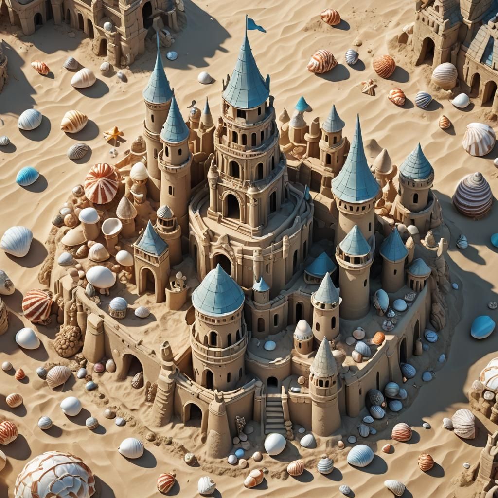 Detailed Seashell Sandcastle in 3D Anime Art Style