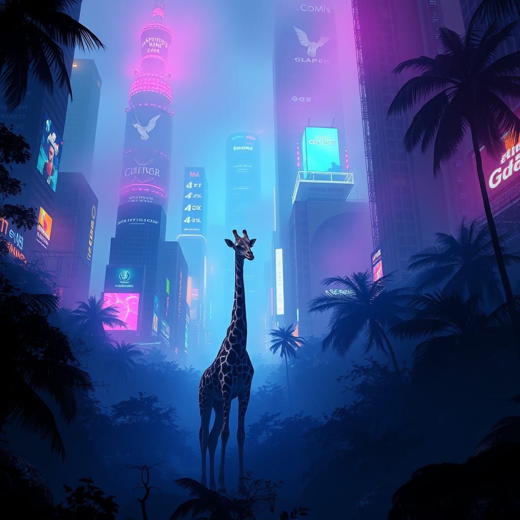 Giraffes in Cyberpunk Rainforest with Neon Hues and Biomecha...