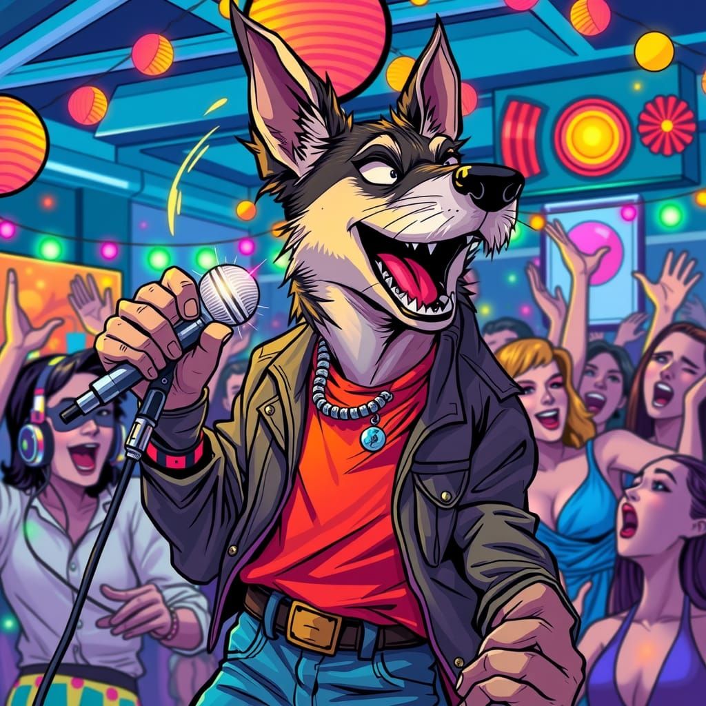 Vibrant Karaoke Party Scene with Anthropomorphic Swedish Elk...