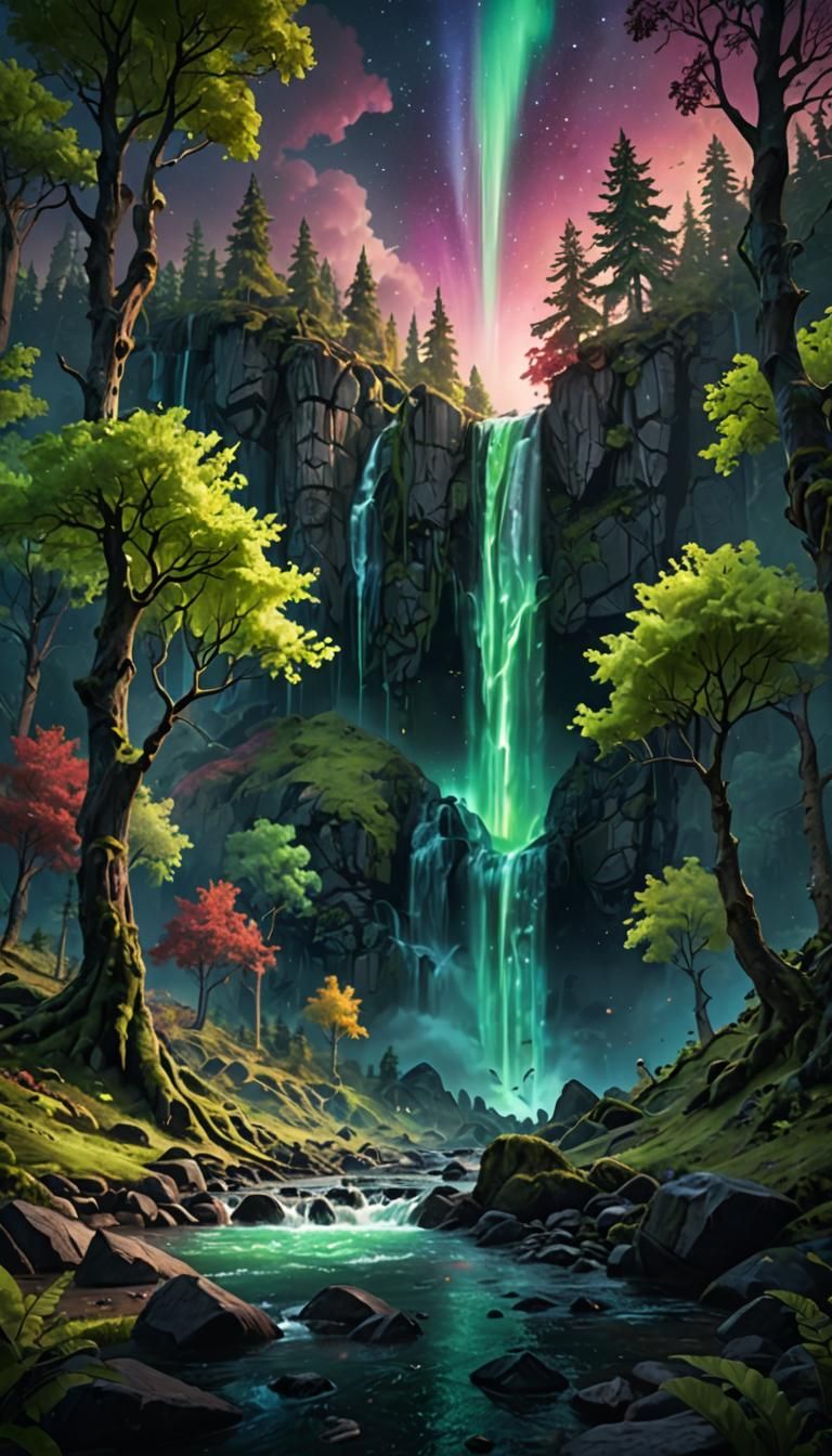 Magical Aurora Over Forest Waterfall: Fantasy Concept Art