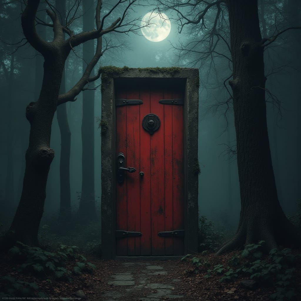 Rusty Red Door in a Dark, Misty Forest