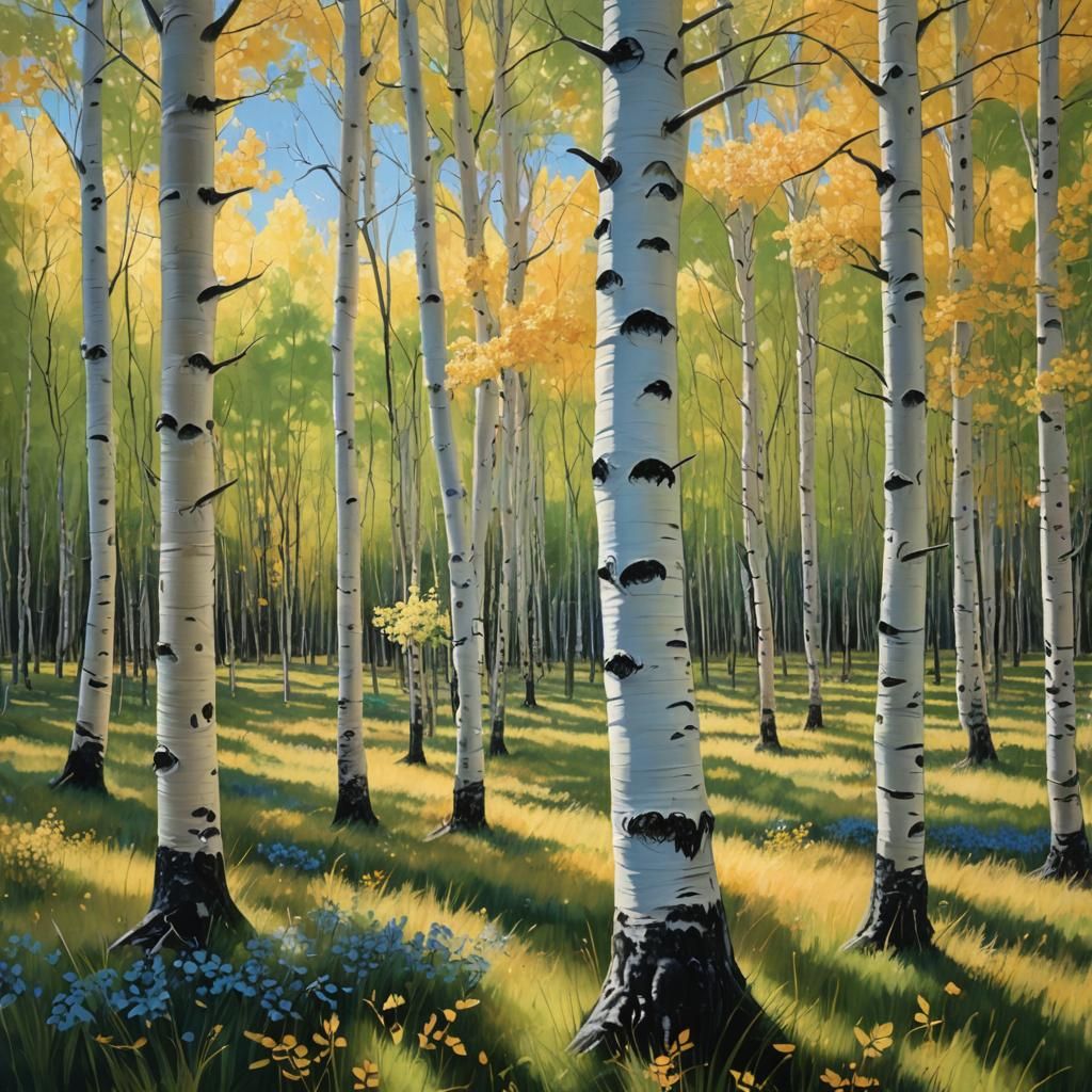 Aspen Forest by Meadow: Oil Painting Landscape