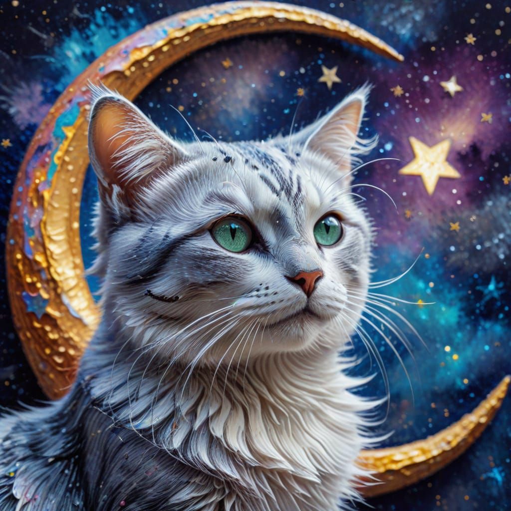 Cat on the Moon in Neo-Impressionist Oil Painting