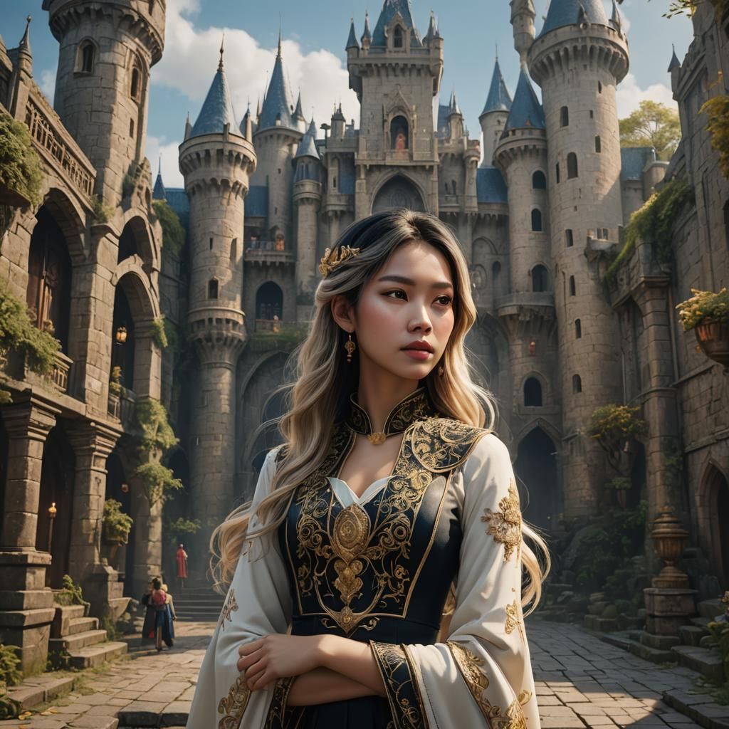 Fantasy Castle Scene with Two Girls: Detailed Matte Painting