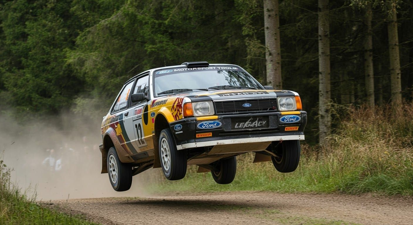 Rally Car Jumps on Dirt Track in Forest
