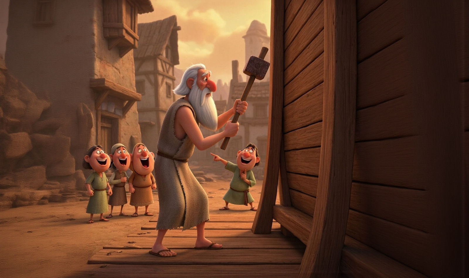 Pixar-Style Noah Building the Ark with Mocking Villagers