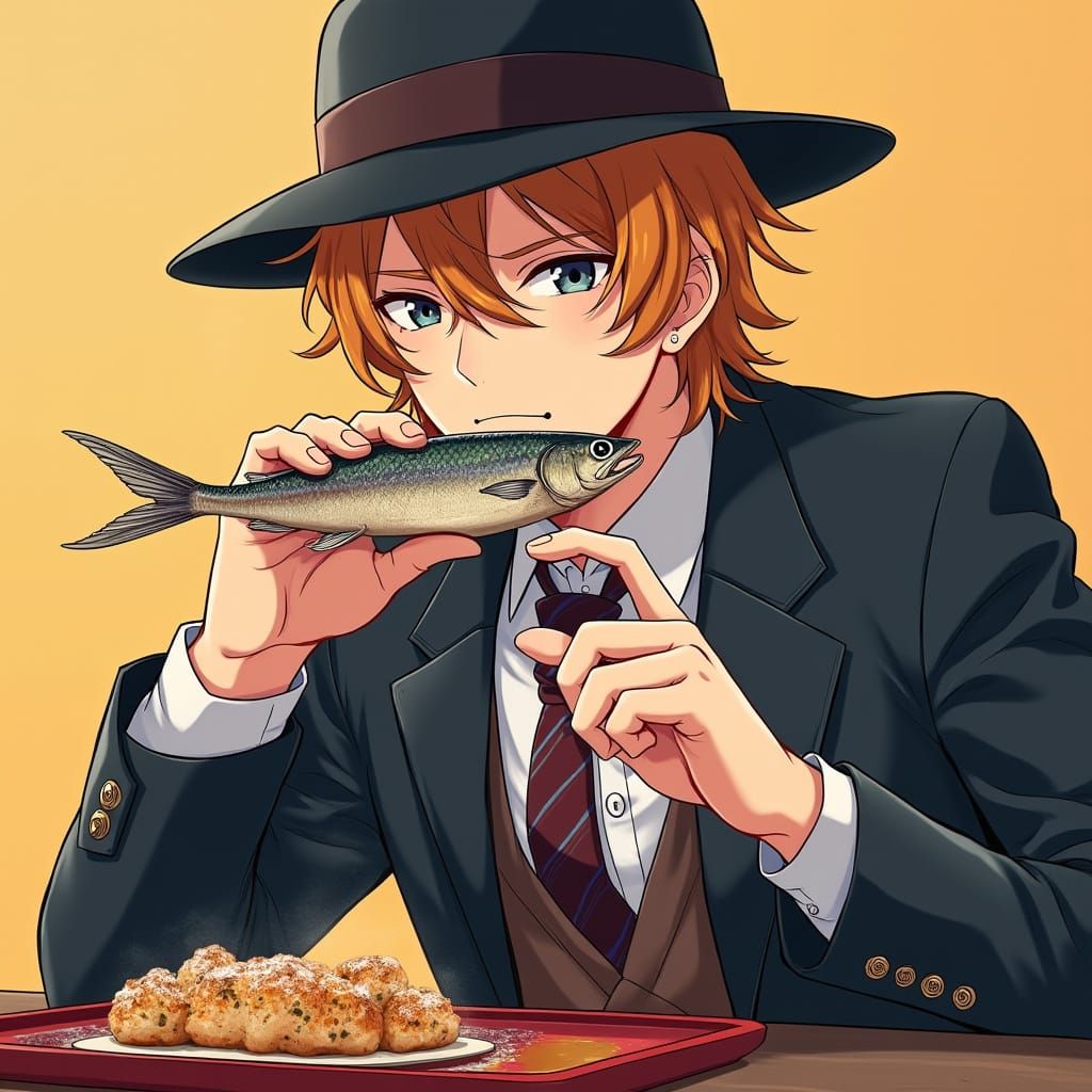 Chuuya Nakahara Savoring Mackerel in Anime Style