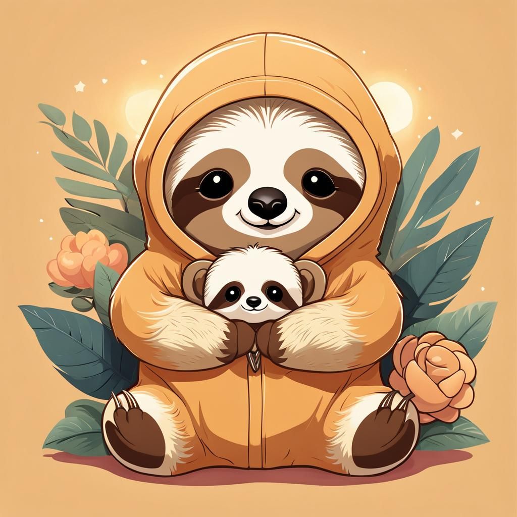 Adorable Baby Sloth with Teddy Bear in Kawaii Style