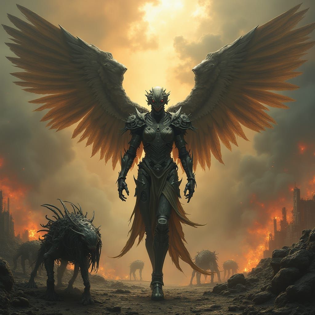 Armored Angel in Ruined Heaven with Mechanical Creatures