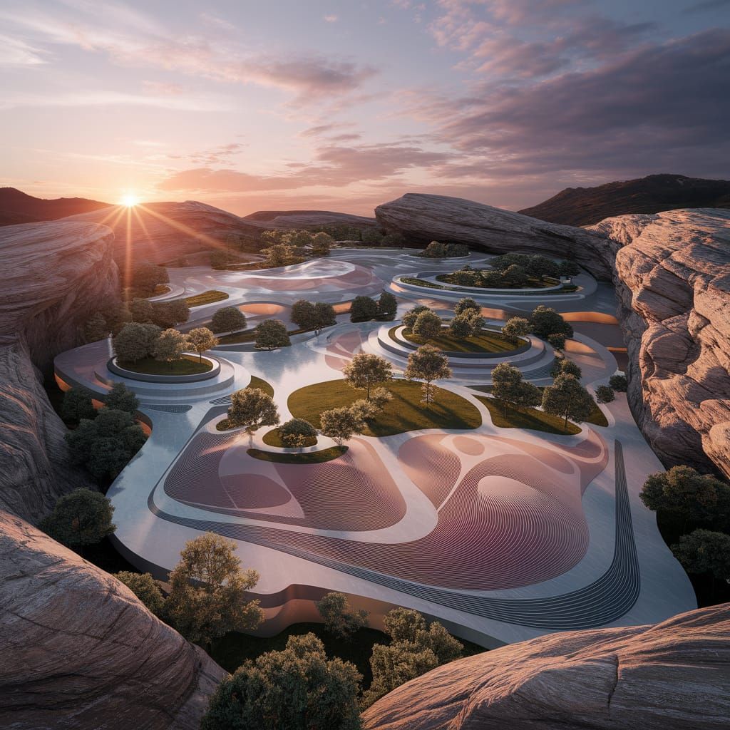 Futuristic Art Gallery in Rock with Lush Parks