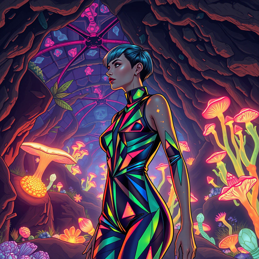 Bioluminescent Bauhaus Jumpsuit in Subterranean Fauvist Drea...