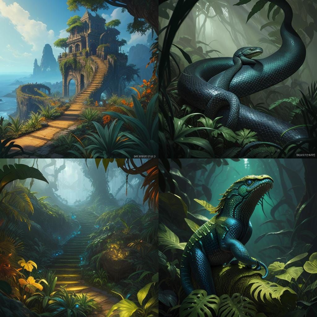 Detailed Snake Hissing on Vine: Fantasy Concept Art