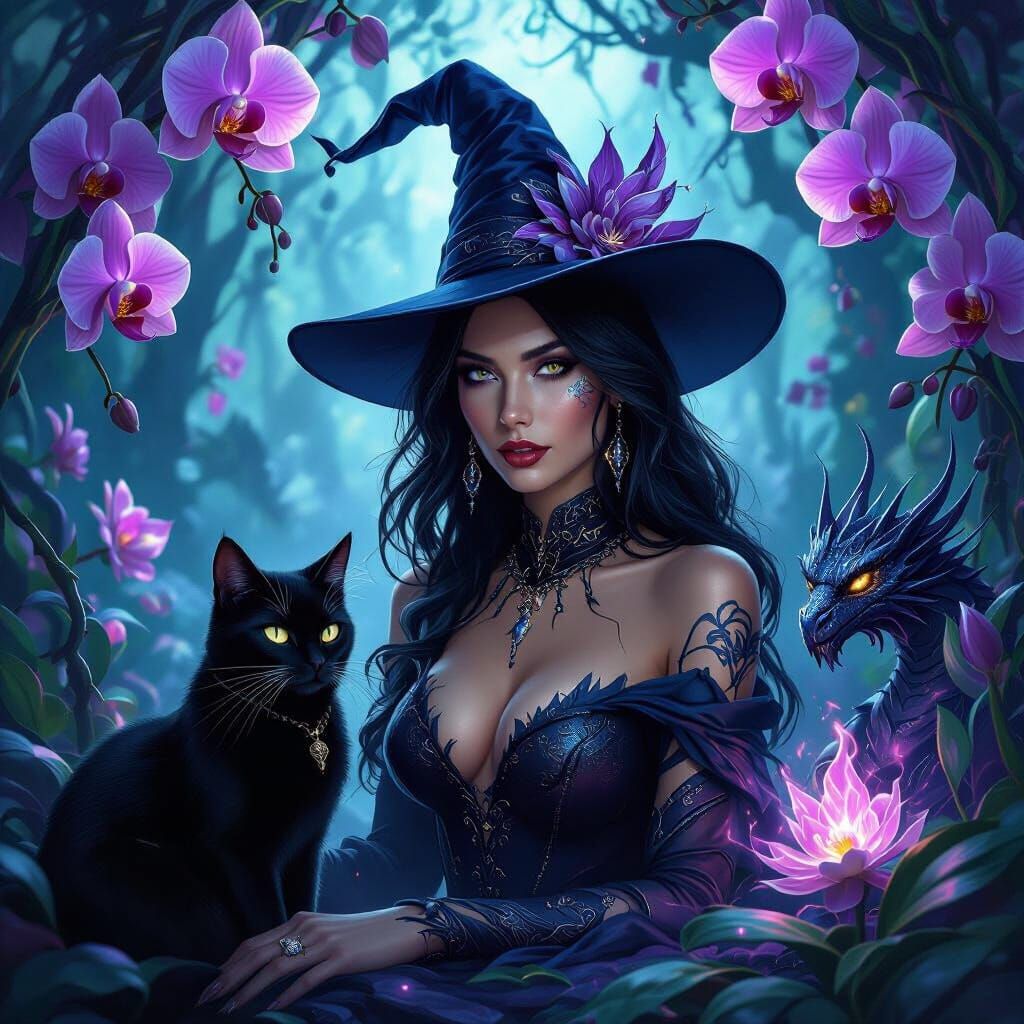 Sleek Witch With Dragon & Cat In Magical Forest
