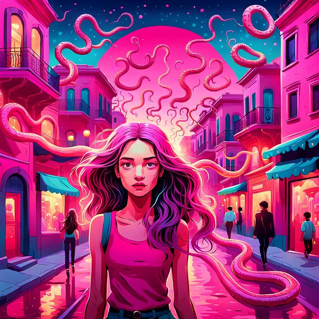 Surreal Pop Art Medusa in Vibrant Cityscape