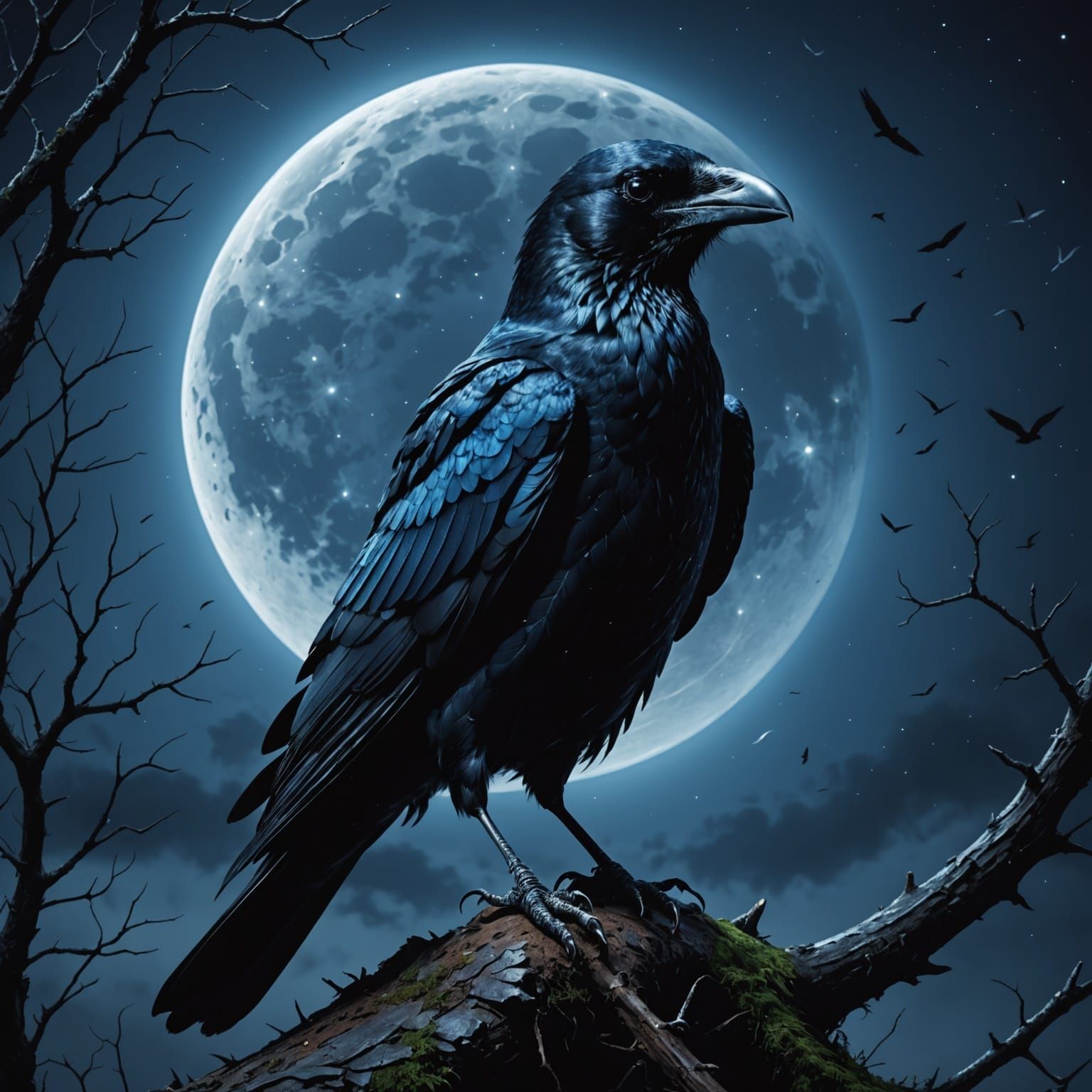 Stunning Dark Night Scene with Metallic Blue Crow