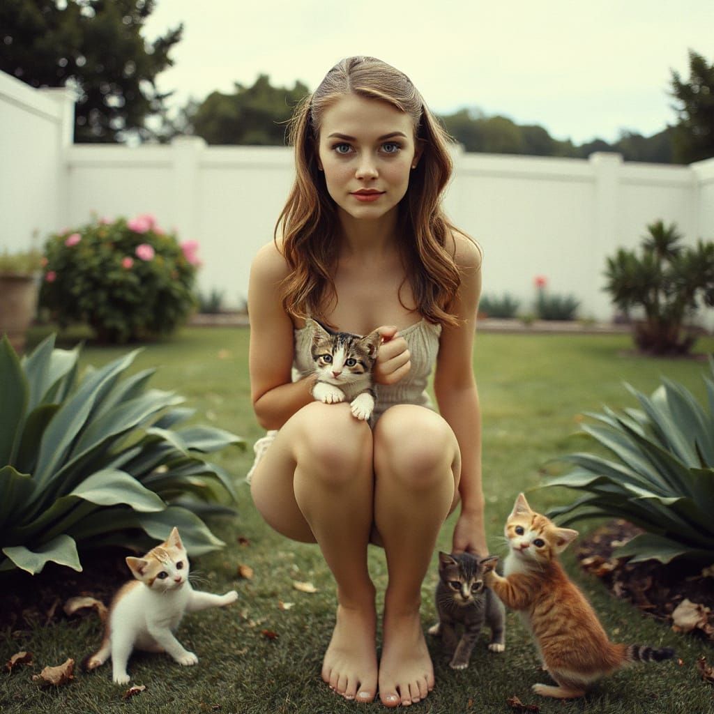 1950s Woman in Minimalist Garden with Kittens