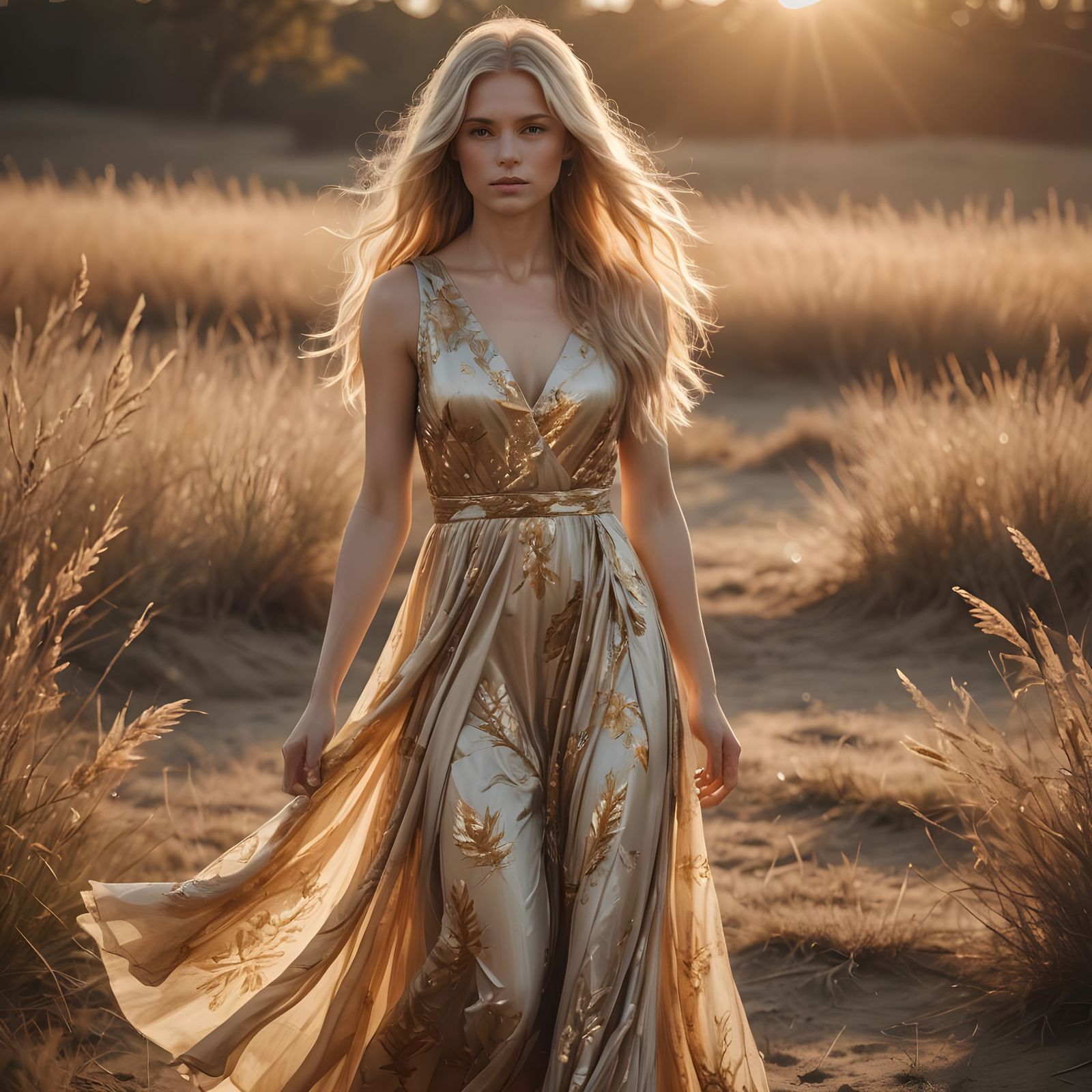 Blonde Woman in Dress at Sunrise