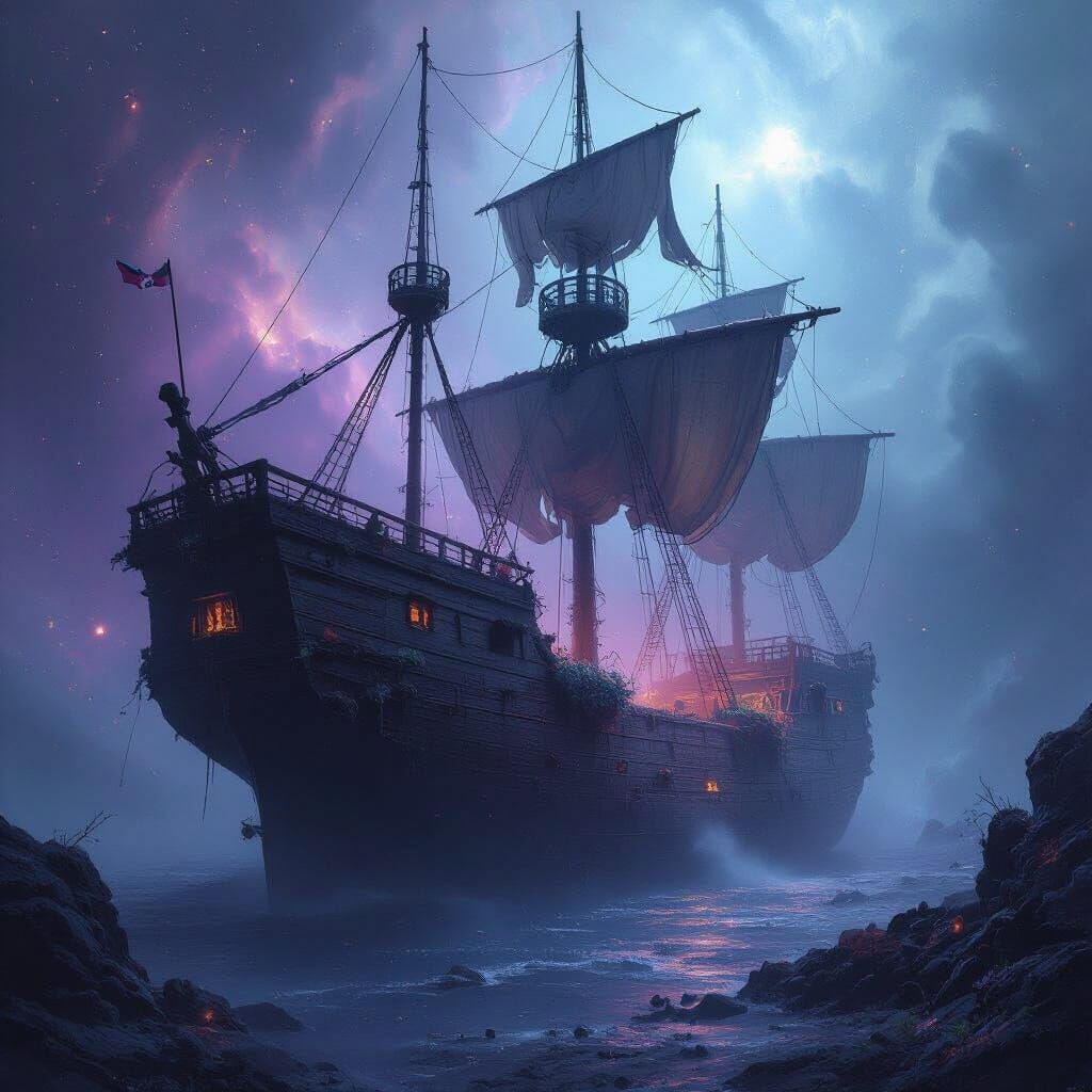 Ancient Sailing Ship Drifting Through Cosmic Nebula