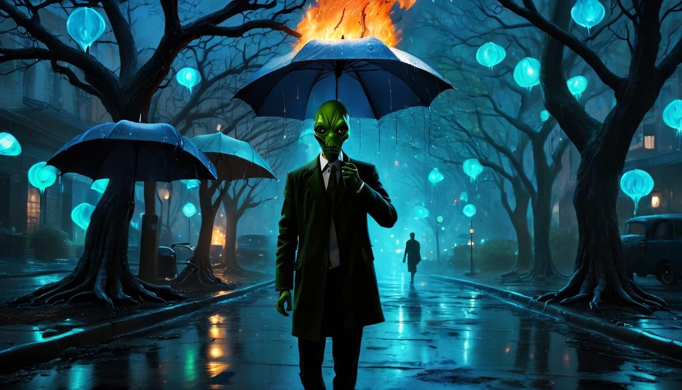 Surreal Oil Painting of Alien in Dreamlike Street Scene