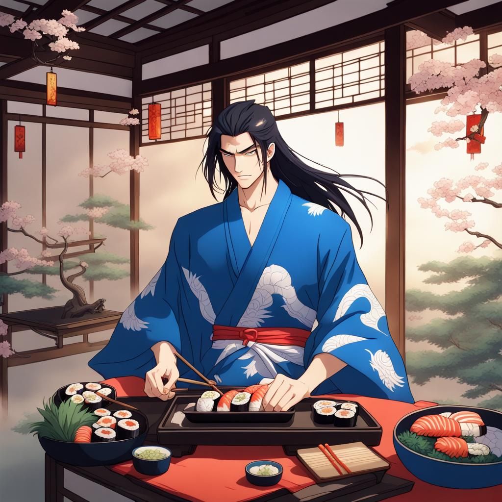 Handsome Man Eating Sushi in Zen Garden, Pixar Style