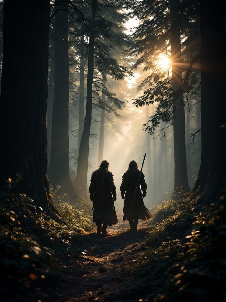 Medieval Travelers in Mystical Forest Dusk