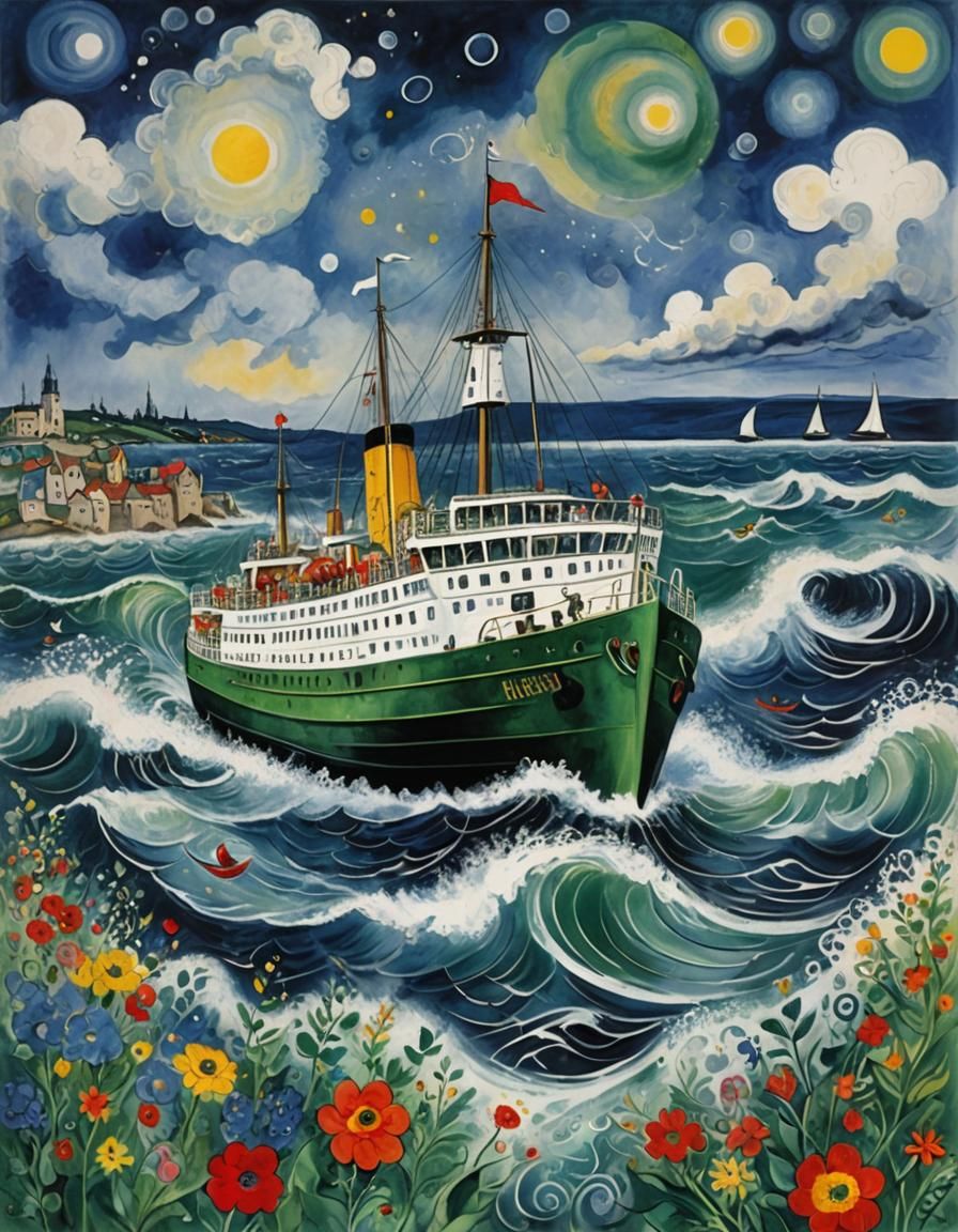 Fantastical Ferry Boat to France in Gouache Style