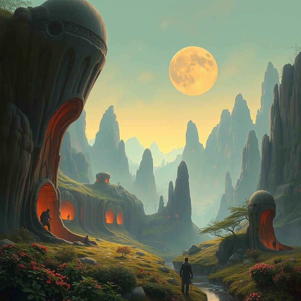 Surreal Bioluminescent Valley with Ancient Ruins in Pastel H...