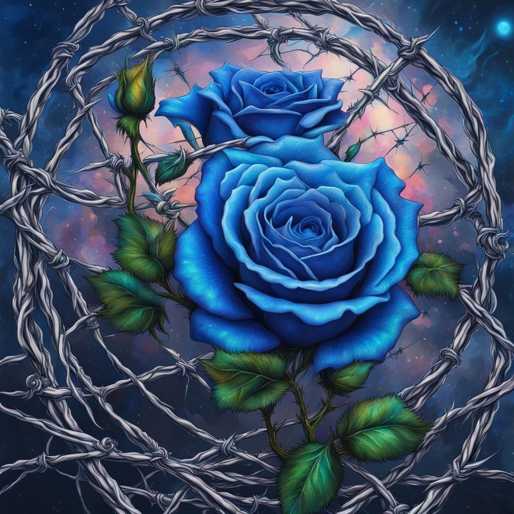 Blue Roses, Thorns, and Barbed Wire Illustration