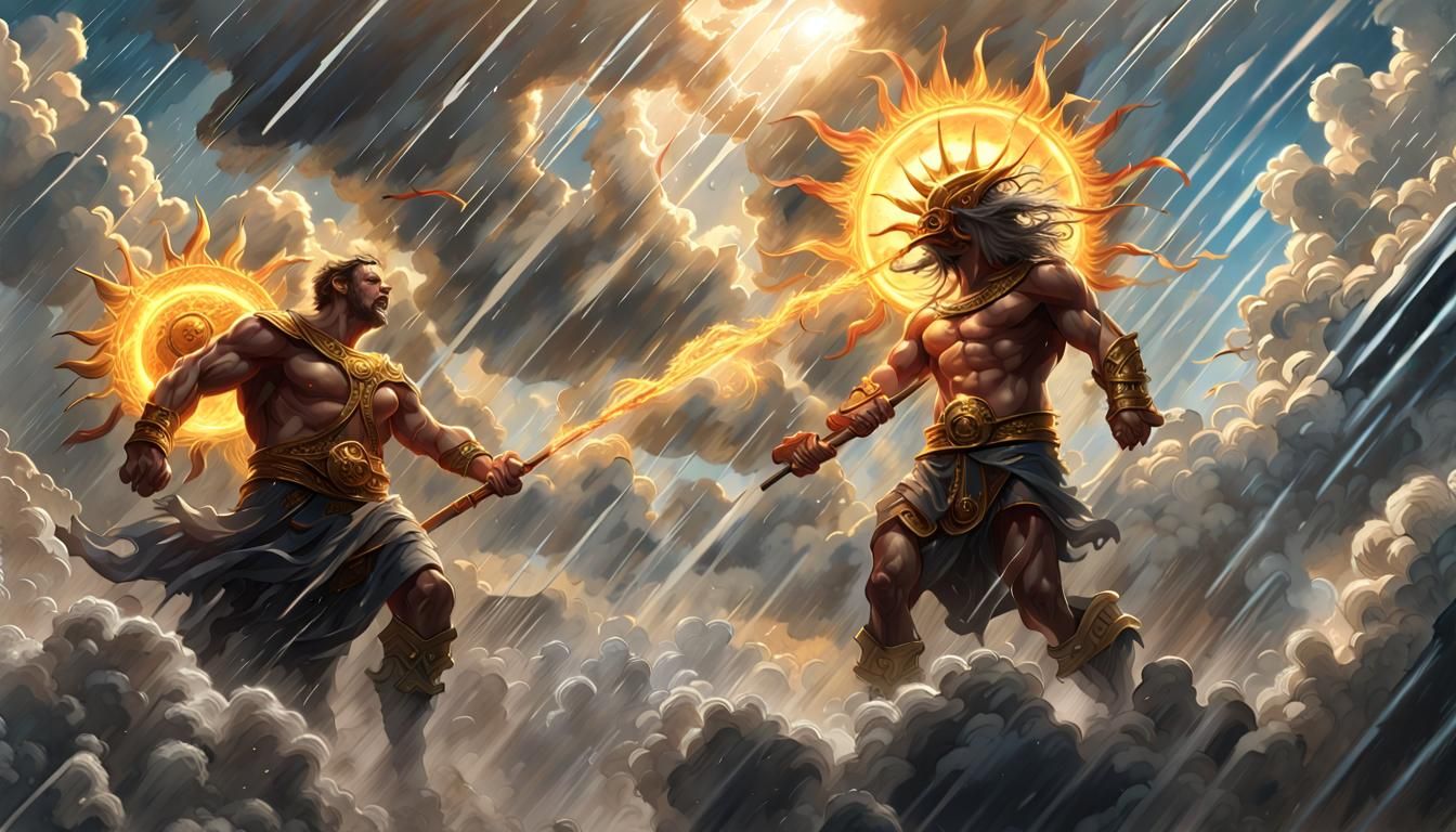 "standing on the clouds, the bright (god of sun)+ and the dark (god of rain)+ having an epic battle, fighting against ea...
