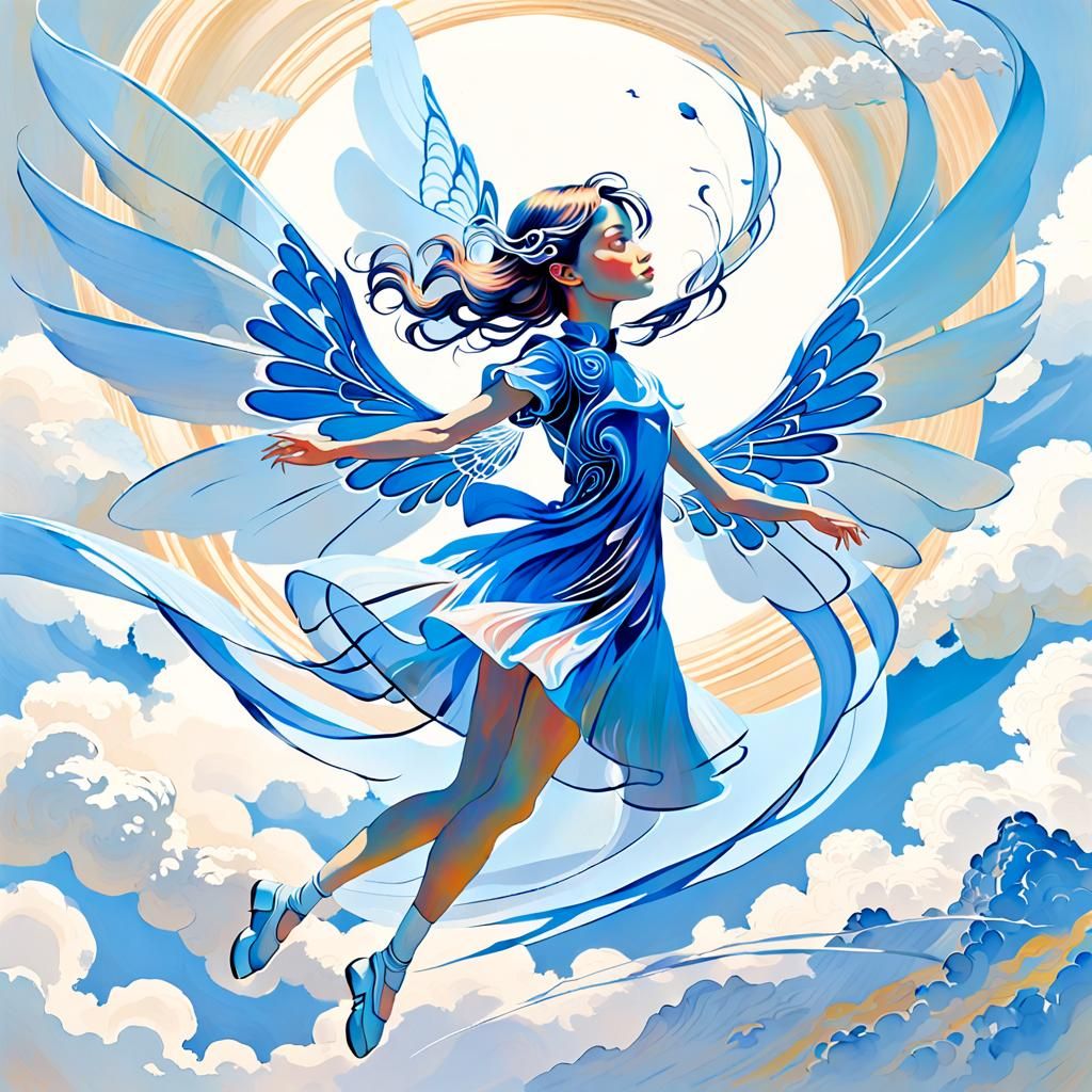 Ethereal Blue Woman Soaring Through Cloudy Skies